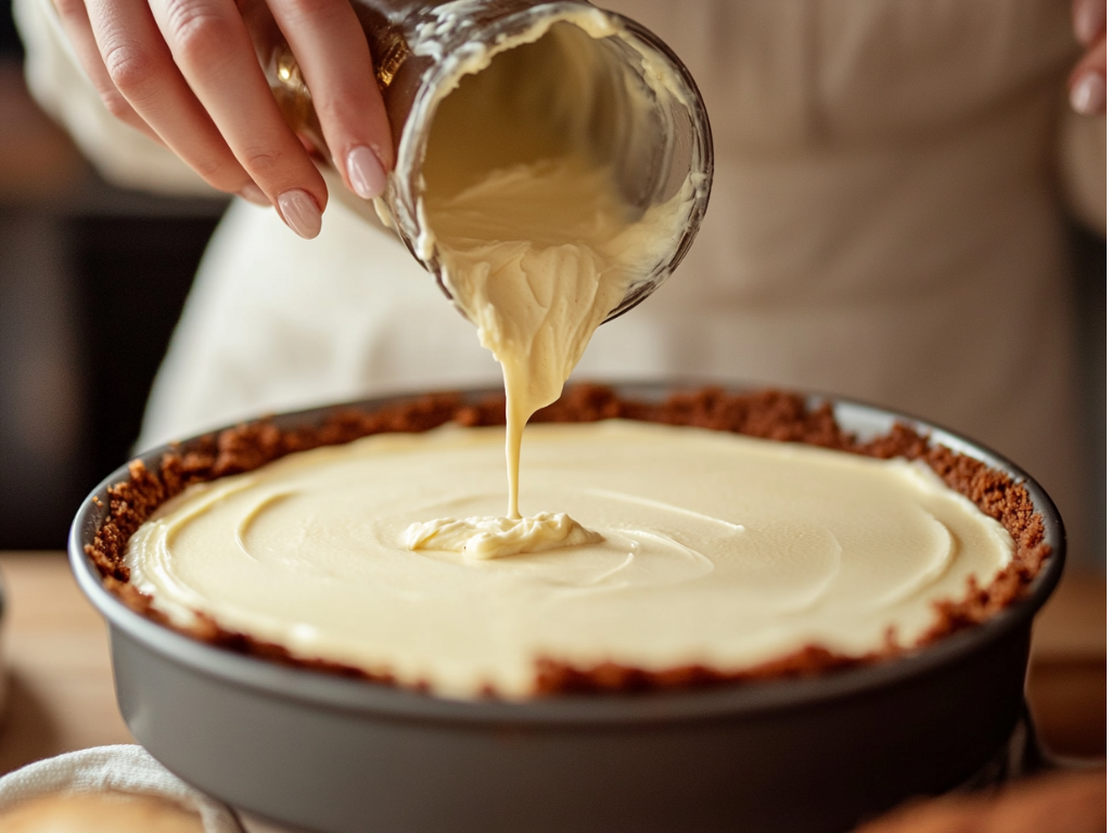 Whole Classic New York Baked Cheesecake garnished with fresh mint on a serving plate