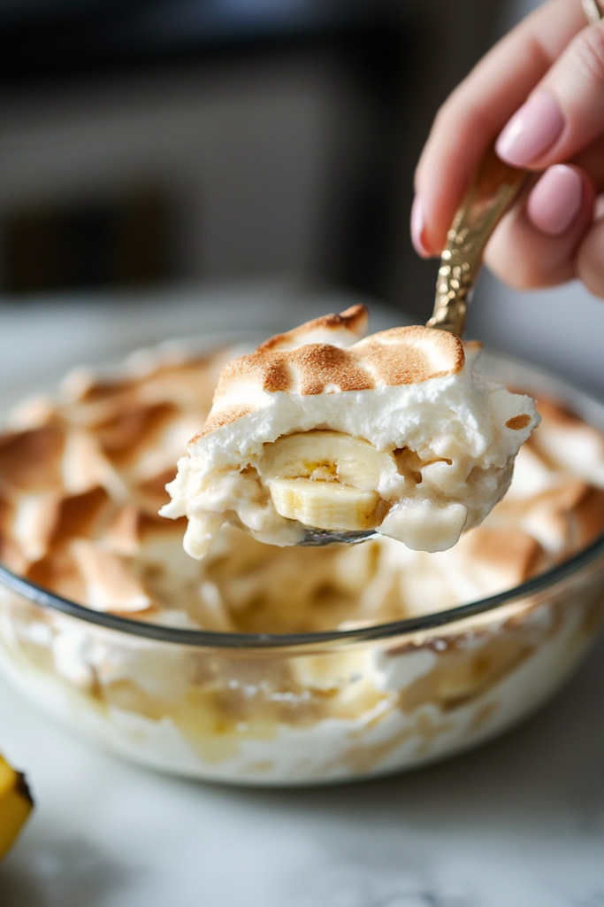 Glass bowl of Old-Fashioned Southern Banana Pudding with vanilla wafers and toasted meringue
