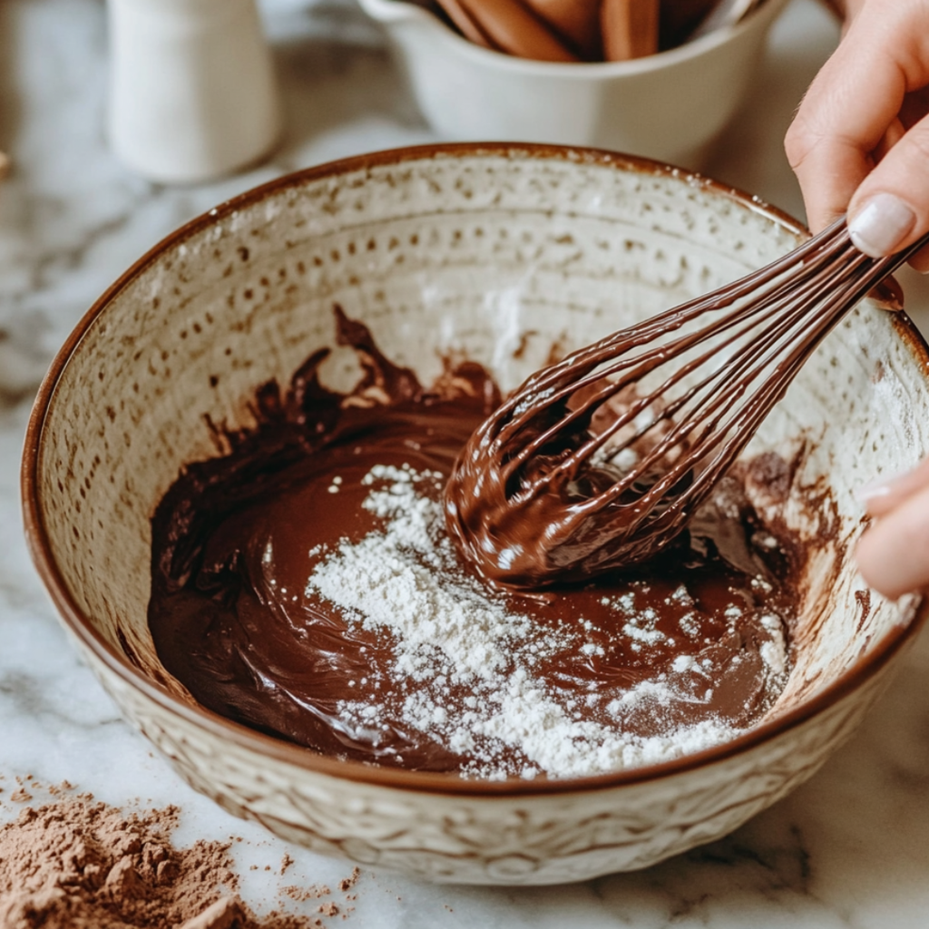 Stack of Fudgy One-Bowl Chocolate Brownies with shiny crackly tops
