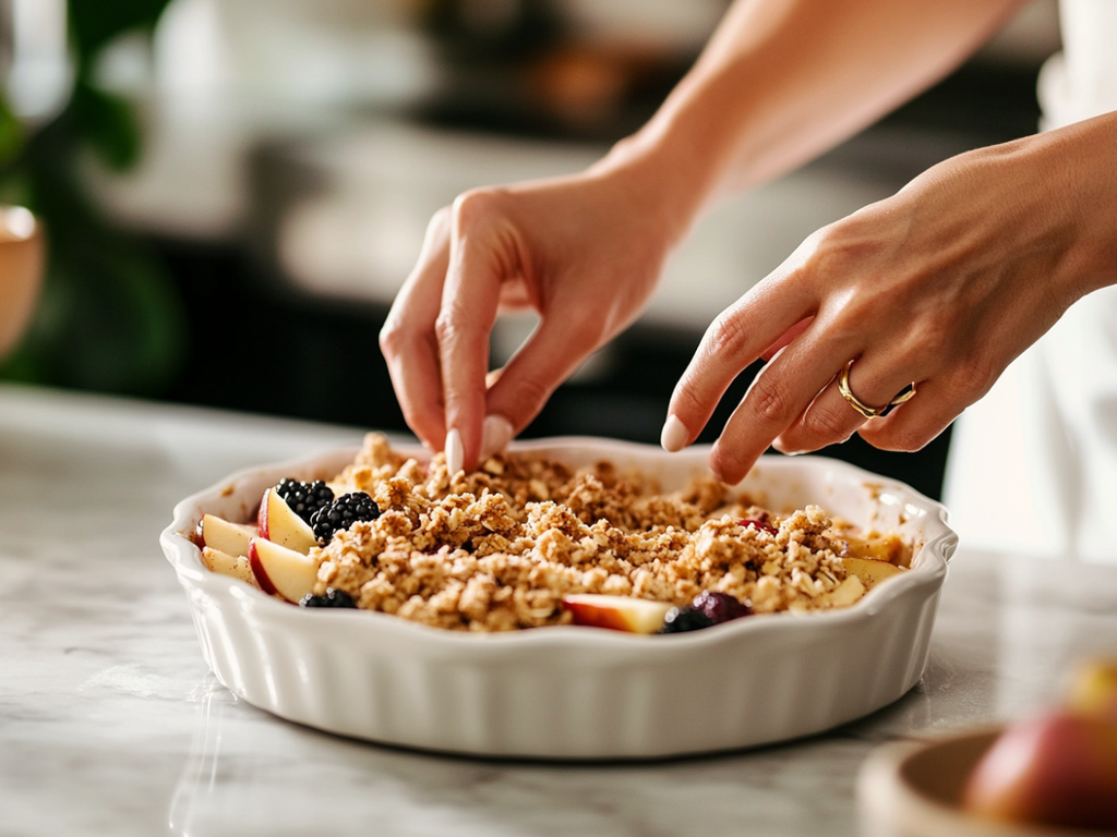 Classic British Blackberry & Apple Crumble served warm with custard