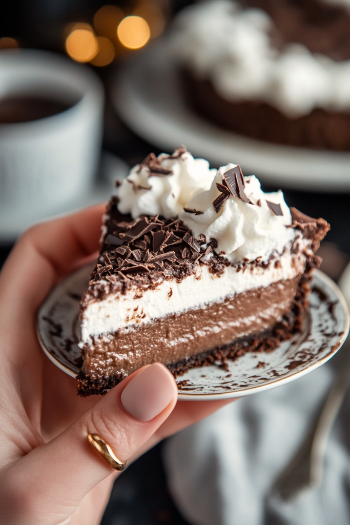 Slice of Classic Mississippi Mud Pie showing chocolate layers and whipped cream