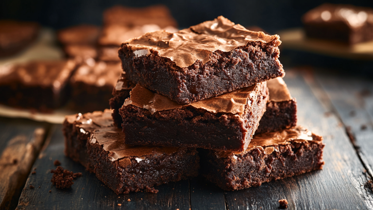 Fudgy chocolate brownies with shiny crinkle top, sliced into squares