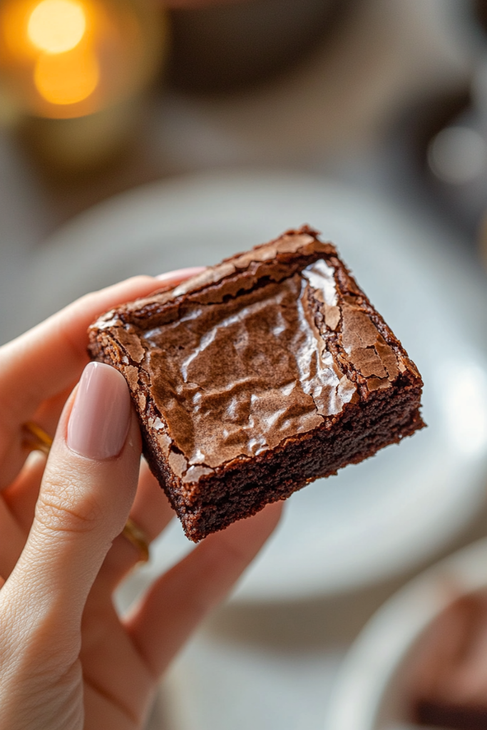 Fudgy chocolate brownies with shiny crinkle top, sliced into squares