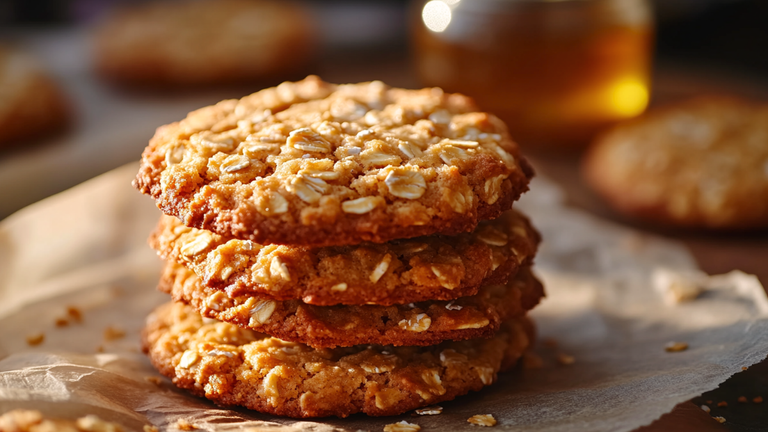 Stack of Classic Australian ANZAC Biscuits on parchment paper with golden syrup