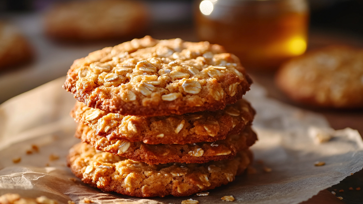 Stack of Classic Australian ANZAC Biscuits on parchment paper with golden syrup