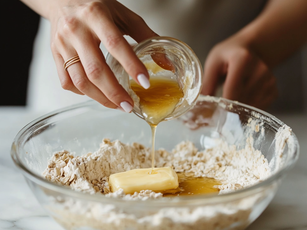 Baker rubbing cold butter into oats for Traditional British Apple Crumble topping