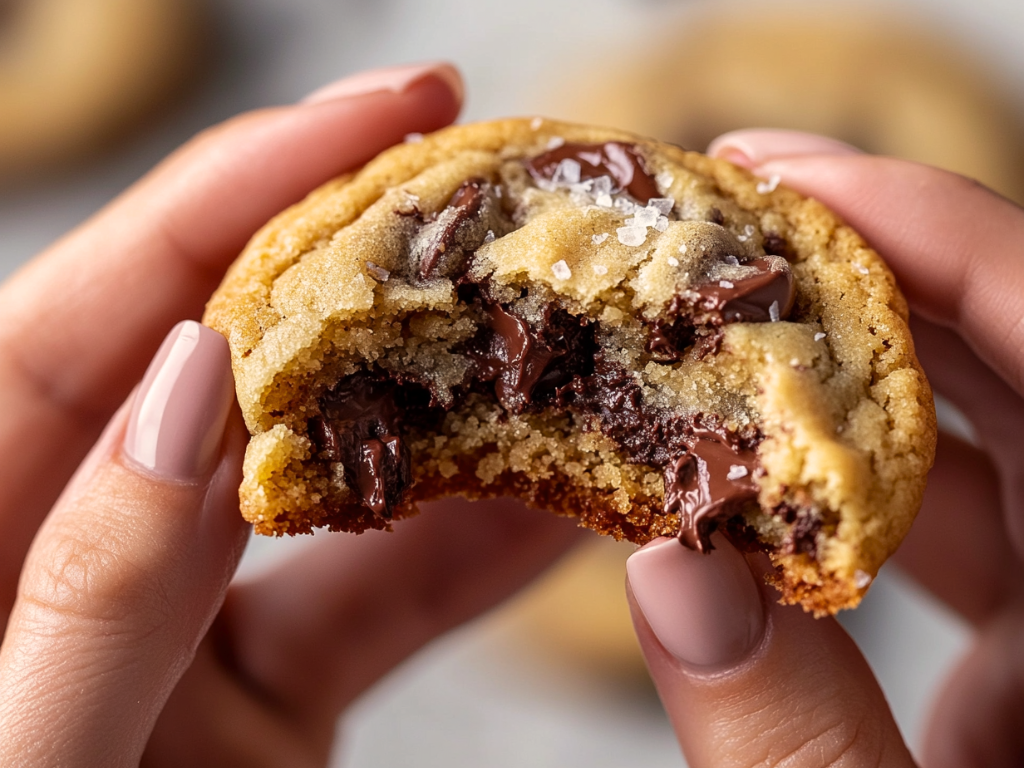 Stack of Ultimate Chewy Chocolate Chip Cookies with melted chocolate chunks