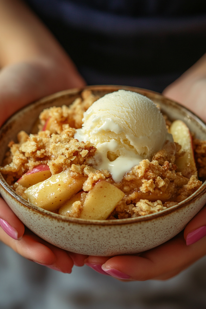 Warm bowl of Traditional British Apple Crumble with spiced apples and oat topping