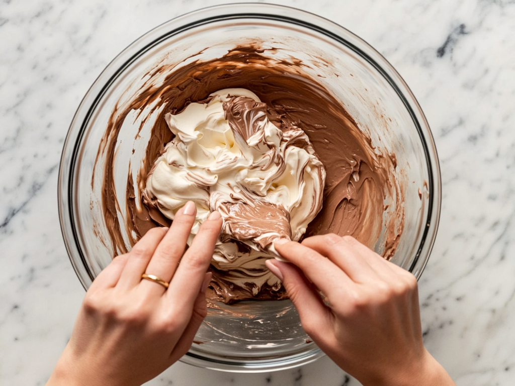 Baker folding whipped cream into Nutella cream cheese filling for No-Bake Kinder Bueno Cheesecake