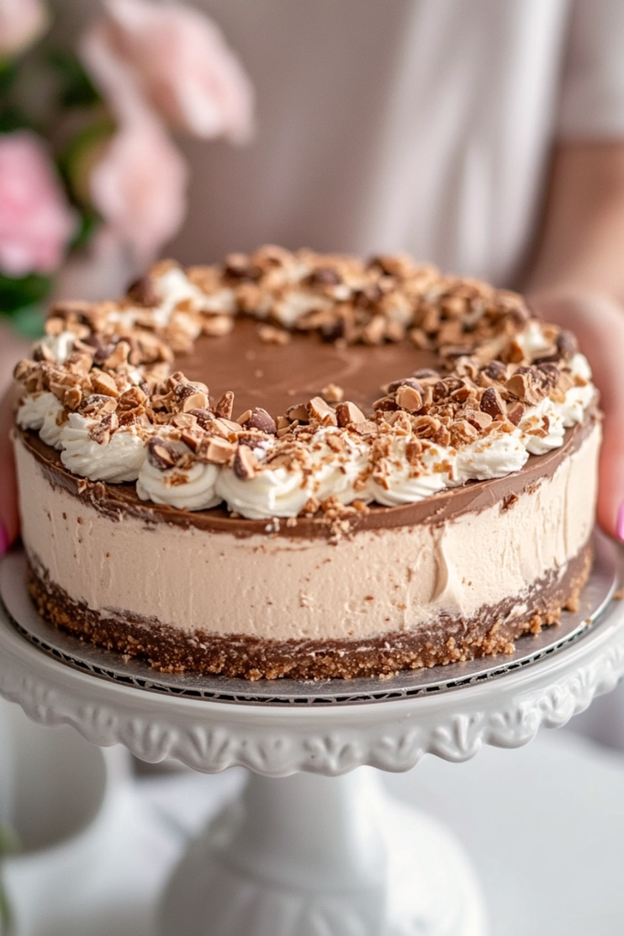 Slice of No-Bake Nutella Kinder Bueno Cheesecake with dark Oreo crust and creamy hazelnut filling