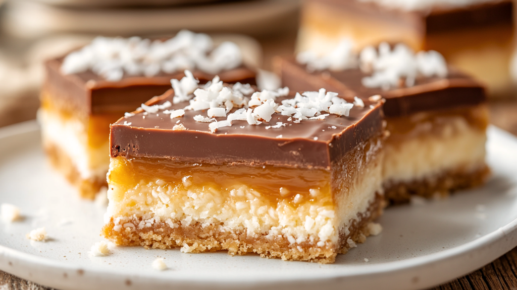 Stacked squares of Caramel Caramilk Loaded Slice with coconut base and melted Caramilk chocolate top