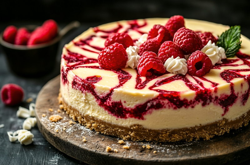 Baked Raspberry White Chocolate Cheesecake