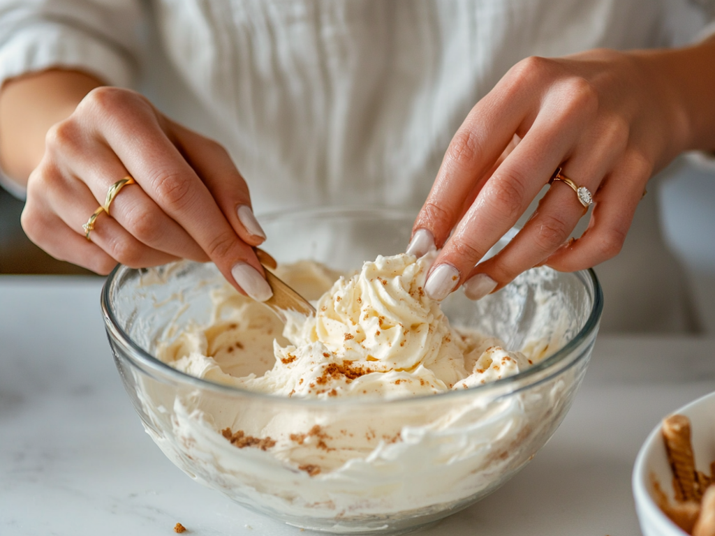 Baker folding whipped cream into Speculoos cream cheese filling for cheesecake