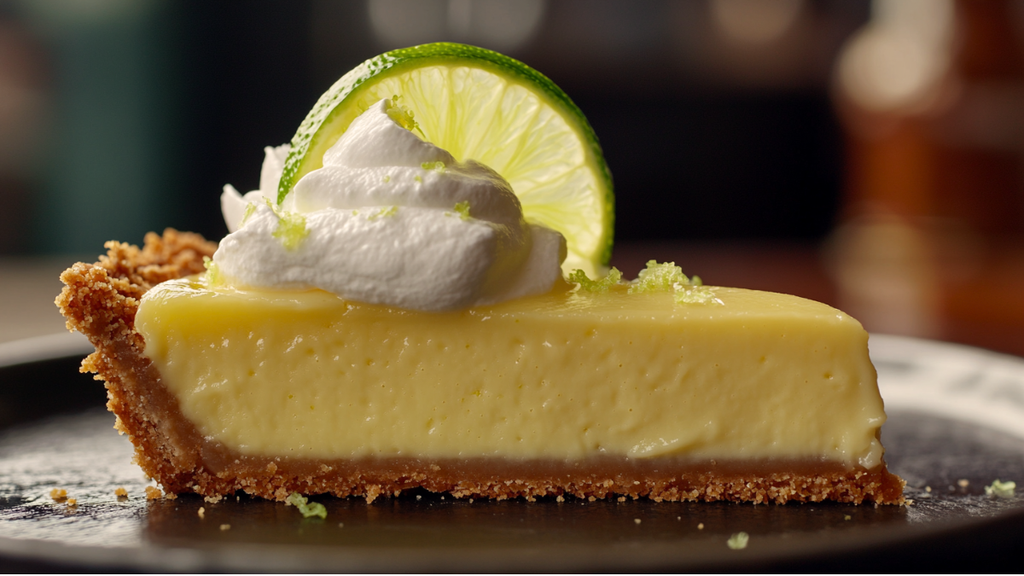 Slice of Authentic Key Lime Pie with graham cracker crust and lime wheel garnish