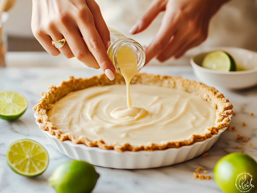 Slice of Authentic Key Lime Pie with graham cracker crust and lime wheel garnish