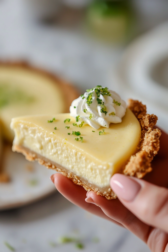 Slice of Authentic Key Lime Pie with graham cracker crust and lime wheel garnish