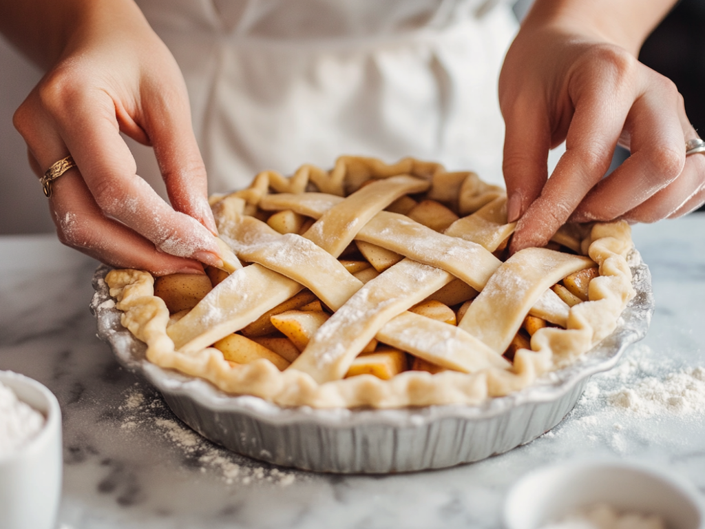 Slice of Classic American Apple Pie with lattice crust and vanilla ice cream
