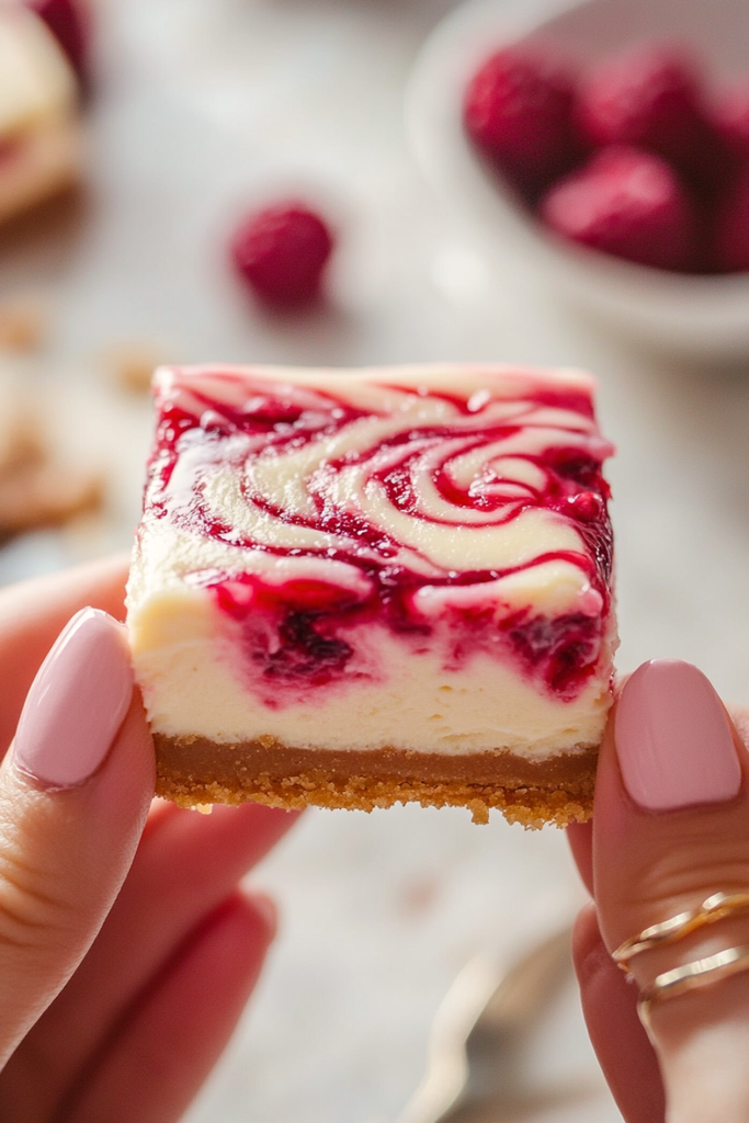 No-Bake Raspberry Cheesecake Bars with graham crust and red fruit swirl