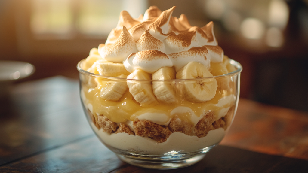 Glass bowl of Old-Fashioned Southern Banana Pudding with vanilla wafers and toasted meringue