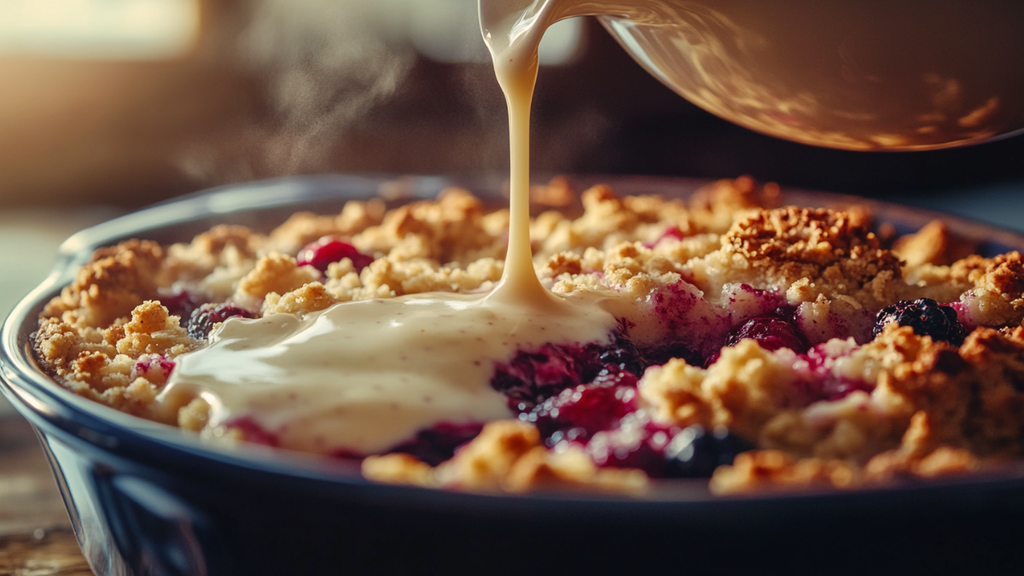 Classic British Blackberry & Apple Crumble served warm with custard