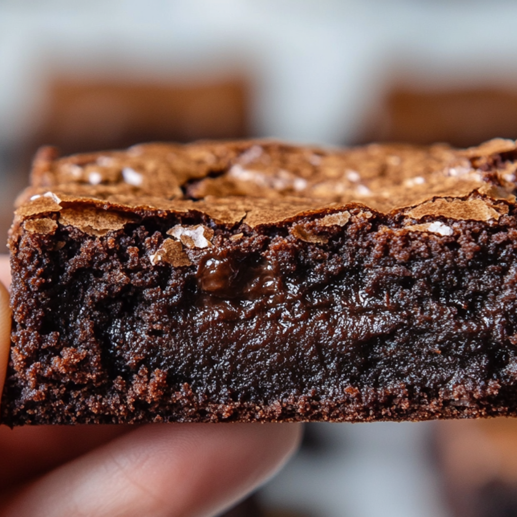 Stack of Fudgy One-Bowl Chocolate Brownies with shiny crackly tops