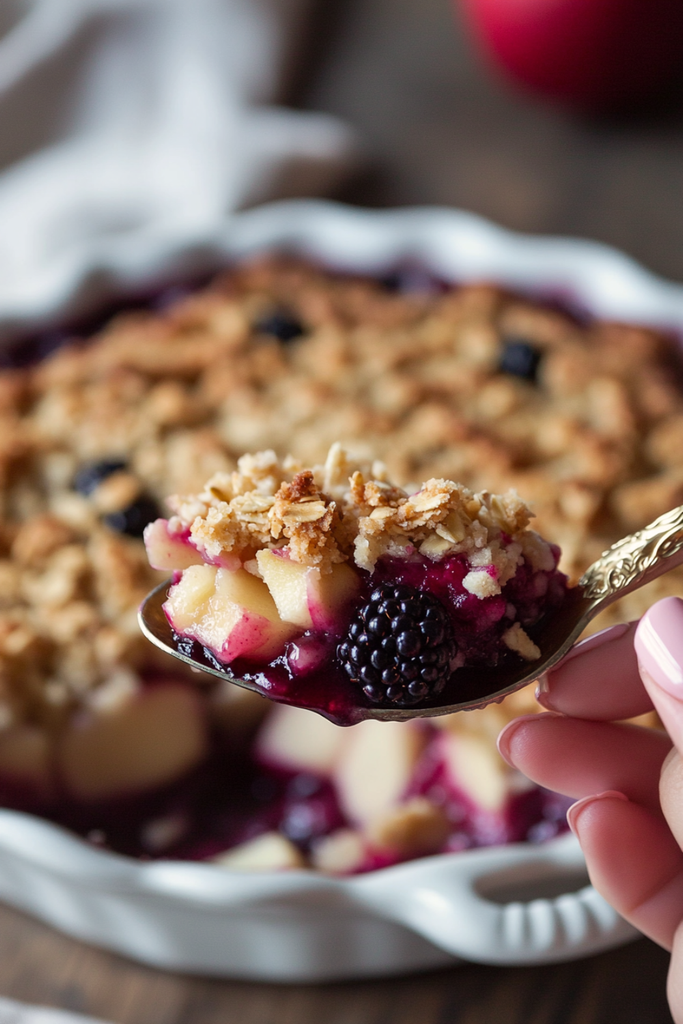 Classic British Blackberry & Apple Crumble served warm with custard