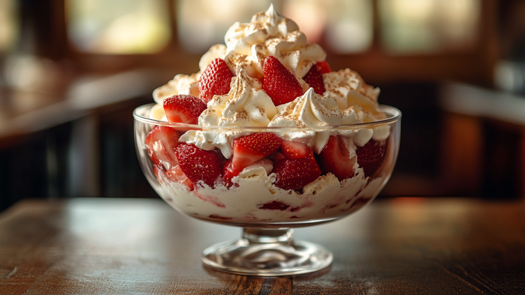 Traditional English Eton Mess served in a glass dish with fresh strawberries