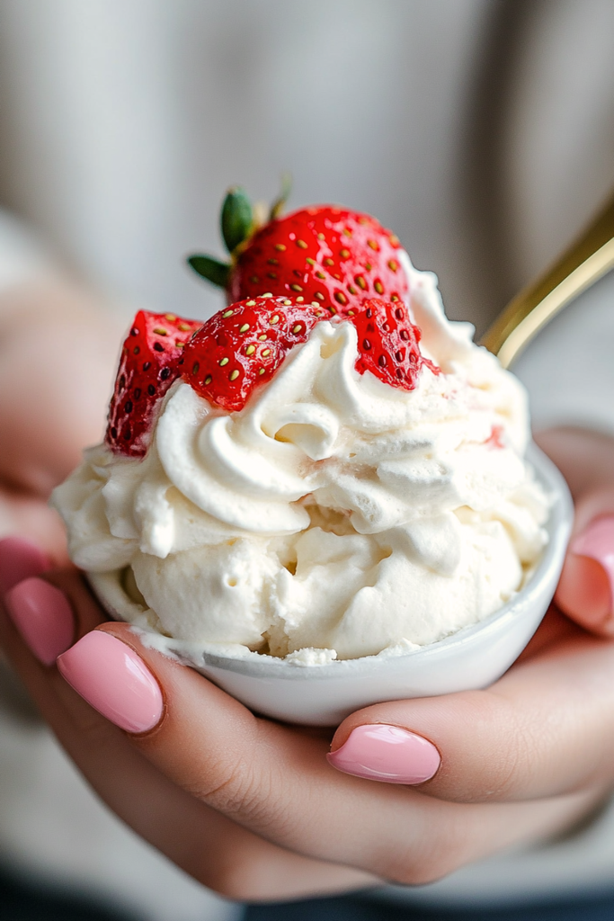 Traditional English Eton Mess served in a glass dish with fresh strawberries