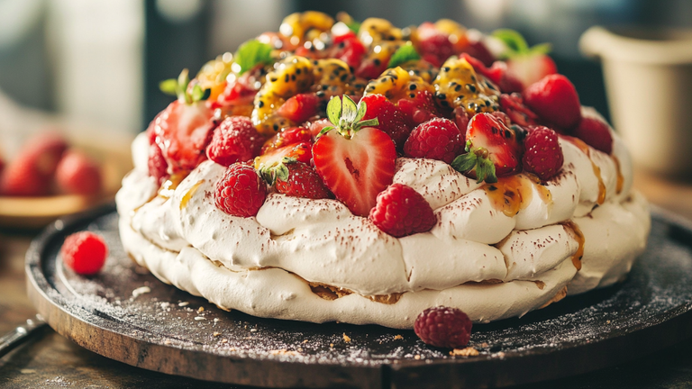 Classic Australian Pavlova topped with fresh berries and passionfruit