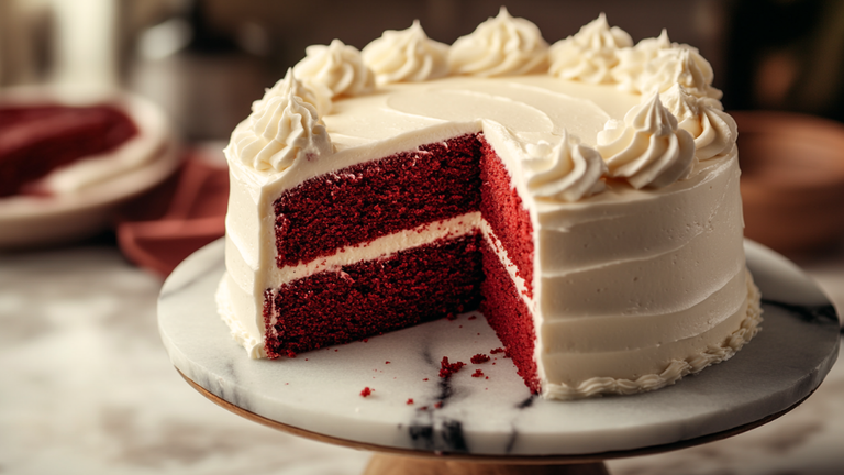 Three layer Classic American Red Velvet Cake with smooth cream cheese frosting