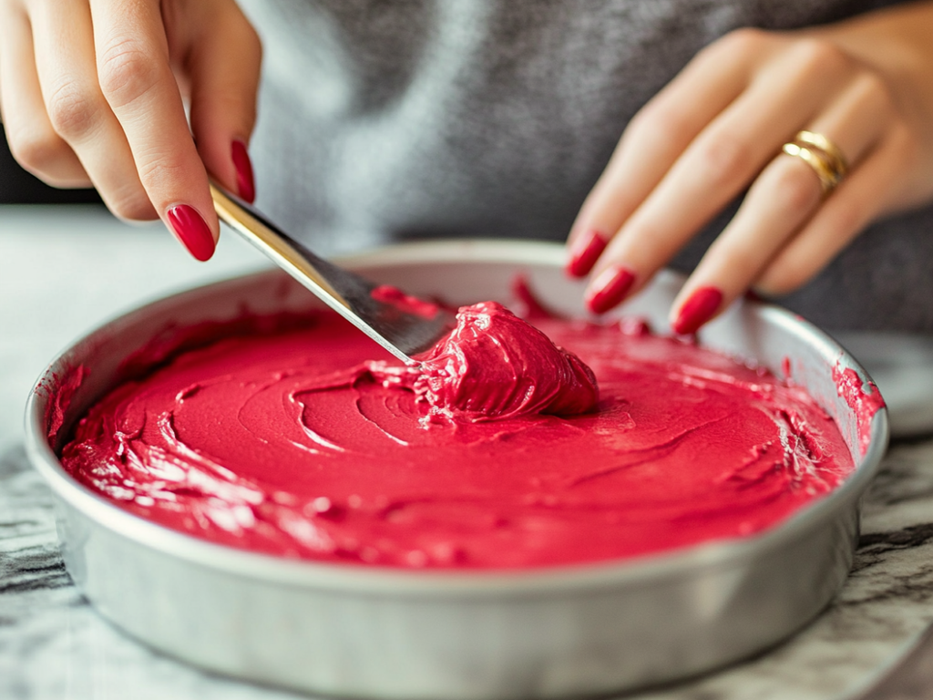 Baker smoothing red cake batter into pan for Classic American Red Velvet Cake