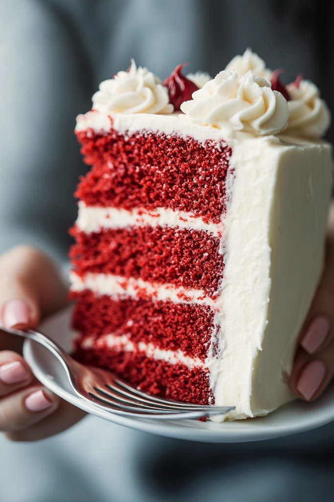 Slice of Classic American Red Velvet Cake showing red sponge layers and cream cheese frosting