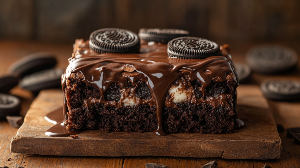 Square slice of Loaded Oreo Fudge Brownie Cake stuffed with whole Oreo cookies and chocolate drizzle