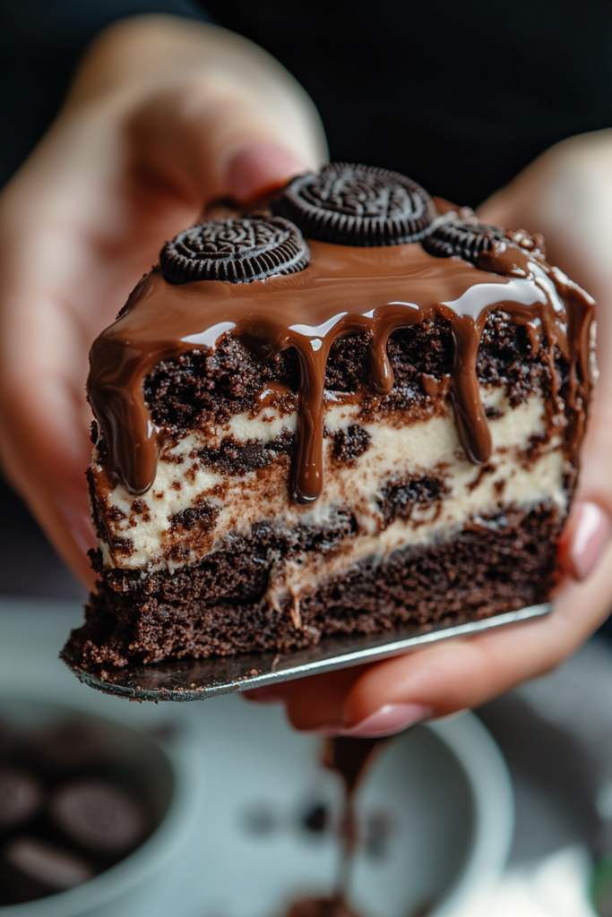 Close up of Loaded Oreo Fudge Brownie Cake showing gooey melted chocolate and cookie center