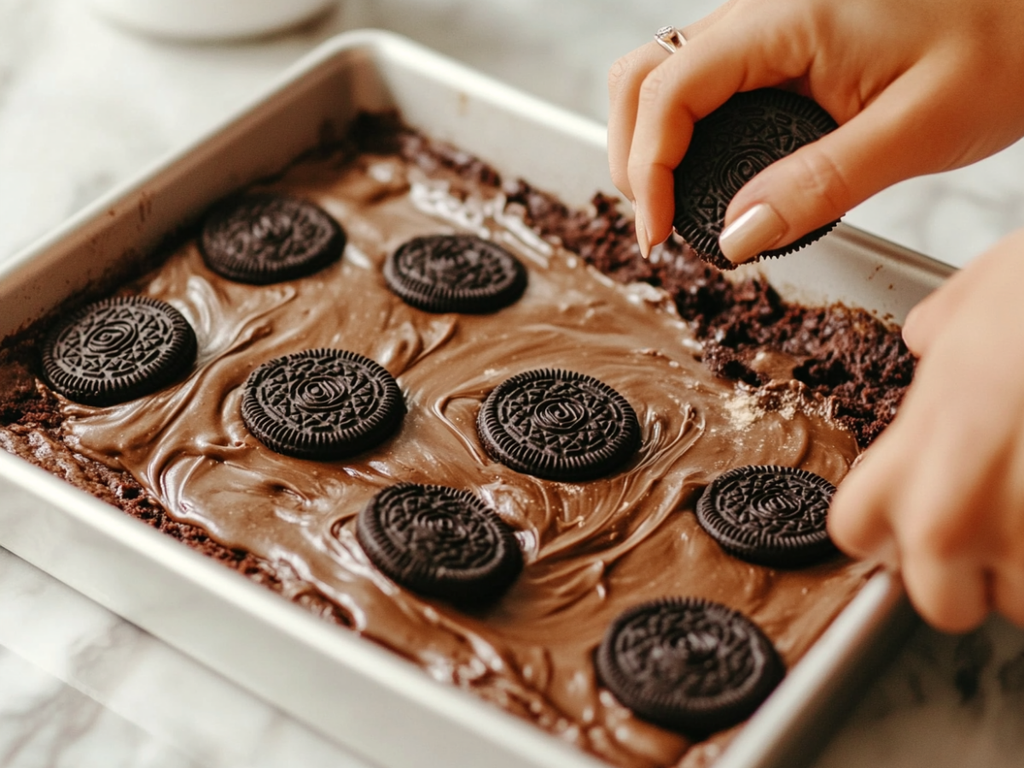 Baker arranging whole Oreo cookies over fudgy brownie batter for Loaded Oreo Brownie Cake