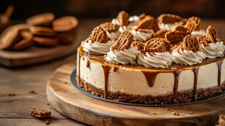 Whole No-Bake Biscoff Cookie Butter Cheesecake topped with melted Biscoff spread drip and whipped cream