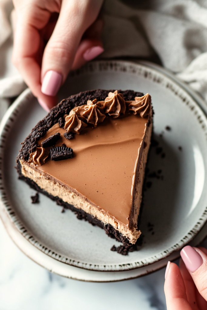Slice of Ultimate Peanut Butter Cup Reese's Cheesecake showing Oreo crust and peanut butter filling