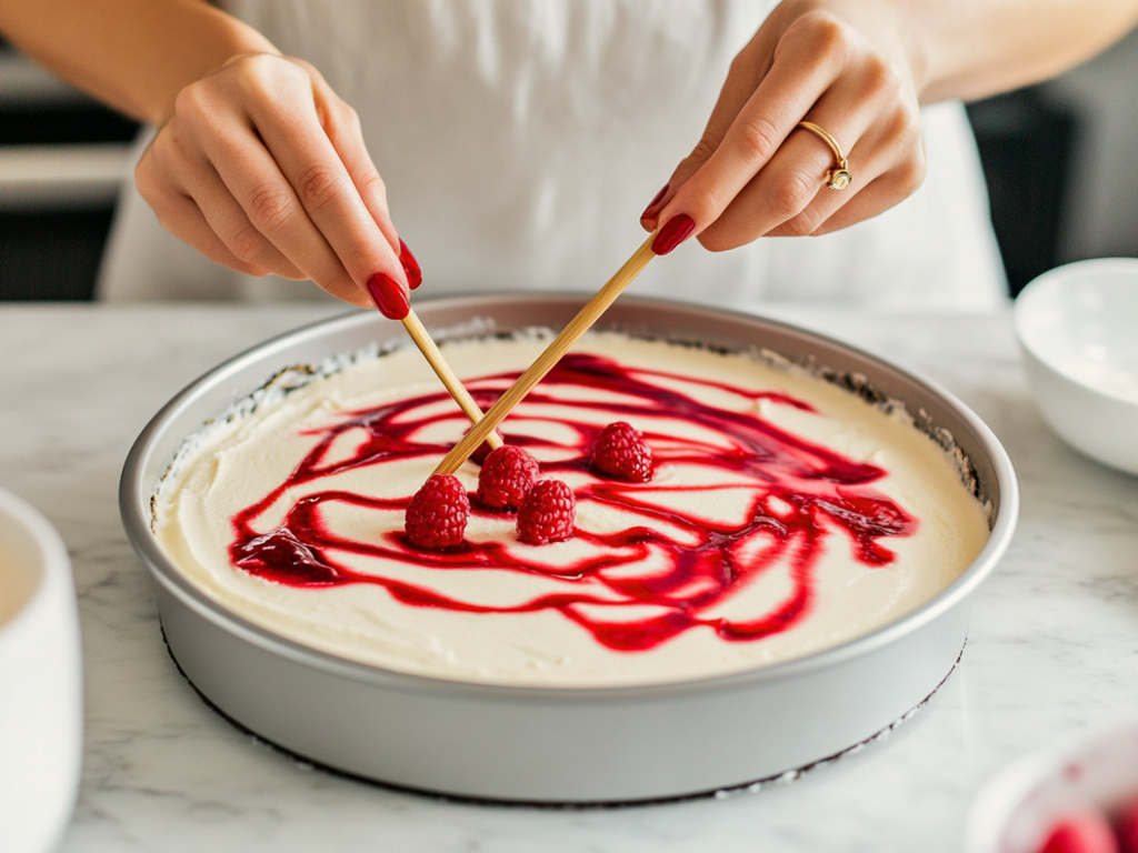 Baker folding whipped cream into Speculoos cream cheese filling for cheesecake
