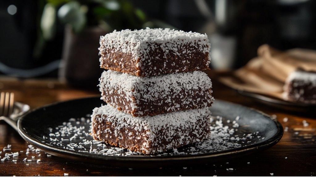 Stack of Classic Australian Lamingtons coated in chocolate icing and desiccated coconut