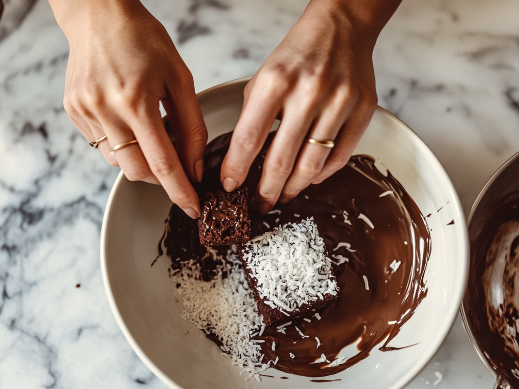 Stack of Classic Australian Lamingtons coated in chocolate icing and desiccated coconut