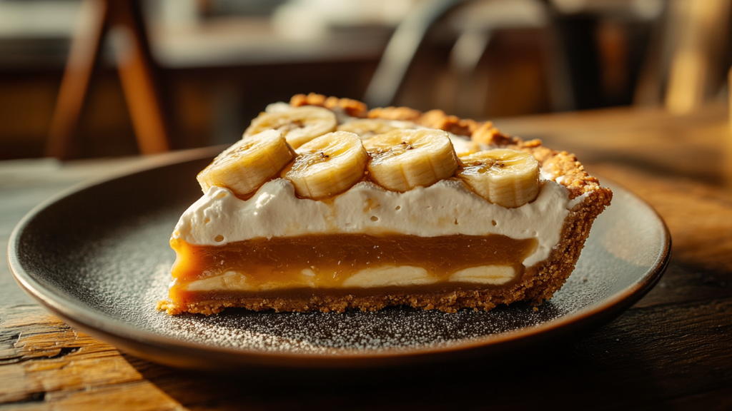 Slice of Traditional British Banoffee Pie with caramel, bananas, and whipped cream