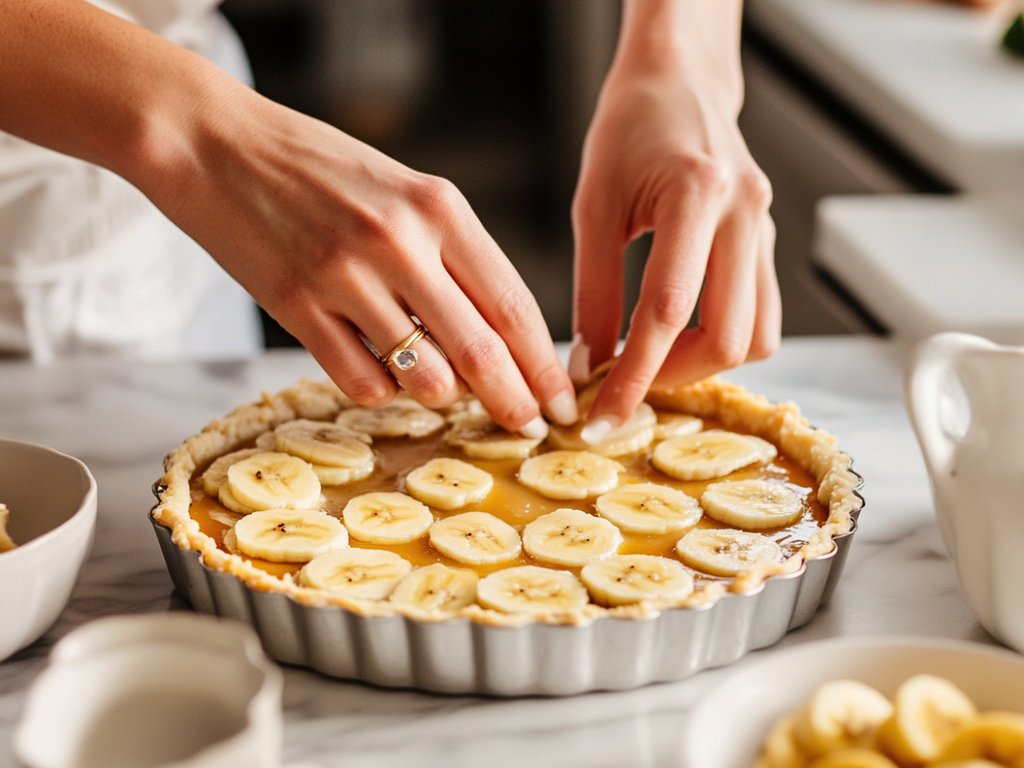 Slice of Traditional British Banoffee Pie with caramel, bananas, and whipped cream