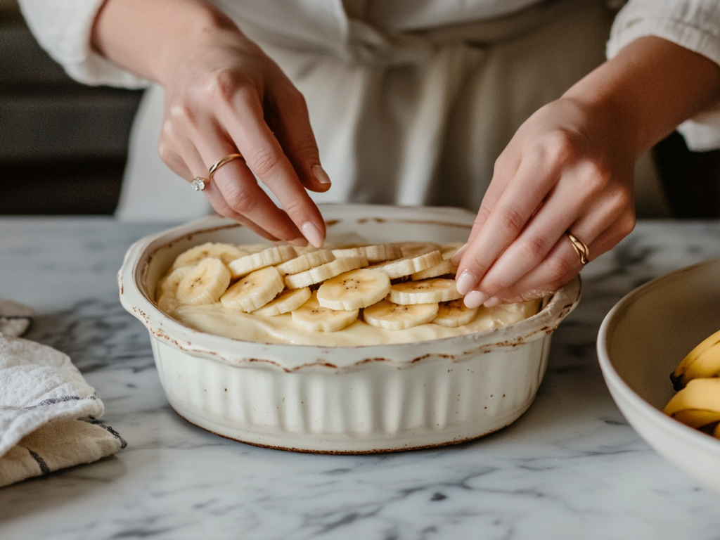 Glass bowl of Old-Fashioned Southern Banana Pudding with vanilla wafers and toasted meringue
