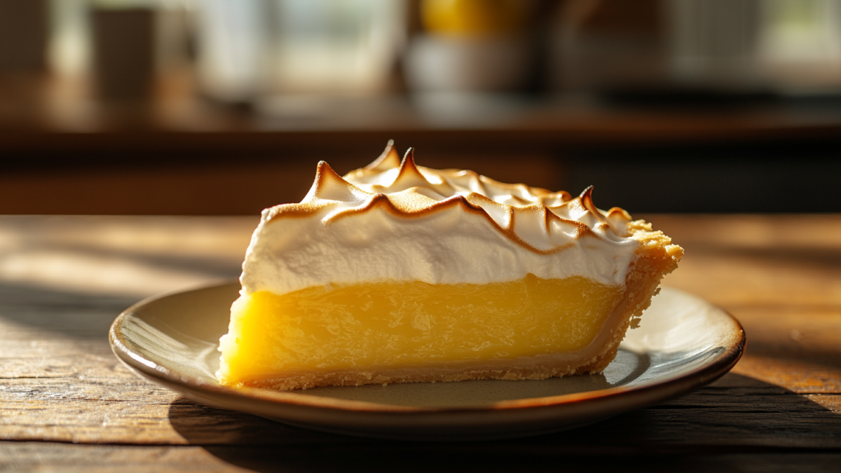 Old-Fashioned Lemon Meringue Pie slice with toasted meringue peaks