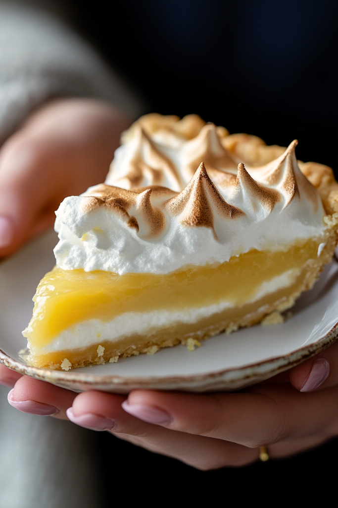 Old-Fashioned Lemon Meringue Pie slice with toasted meringue peaks