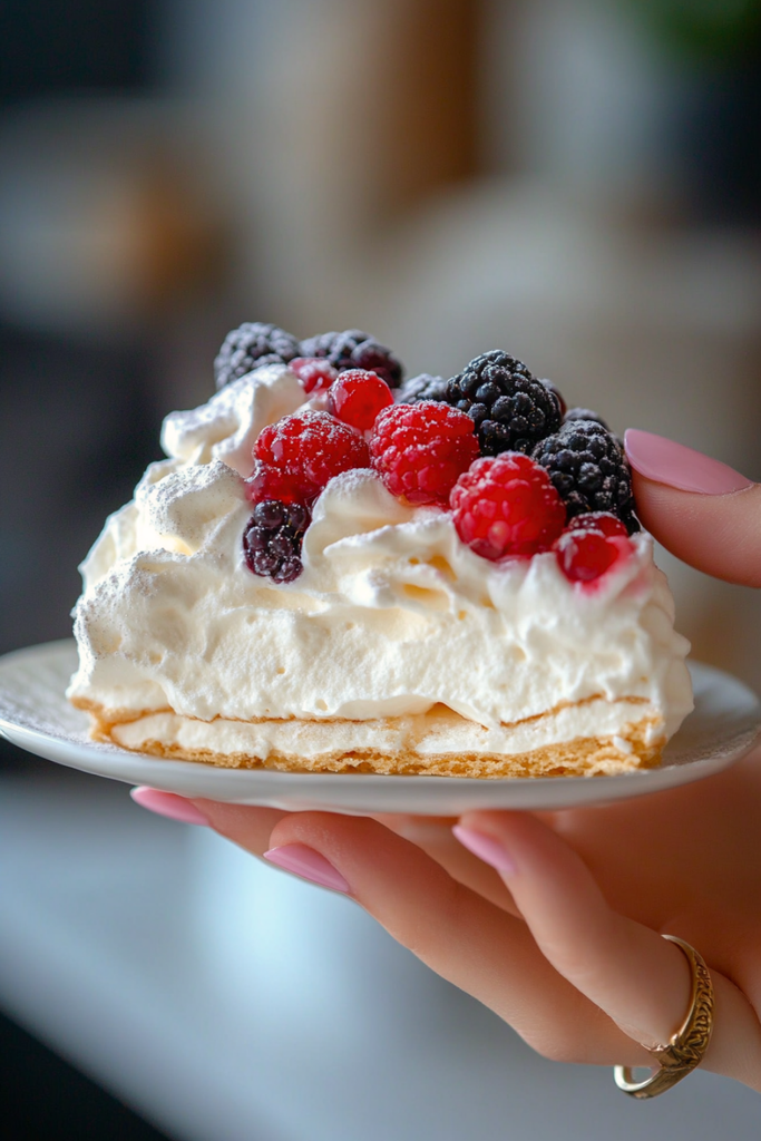 Classic Australian Pavlova topped with fresh berries and passionfruit