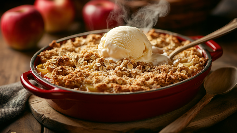 Baking dish of Traditional British Apple Crumble topped with melting vanilla ice cream