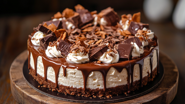 Whole No-Bake Nutella Kinder Bueno Cheesecake topped with hazelnut ganache and Kinder Bueno bars