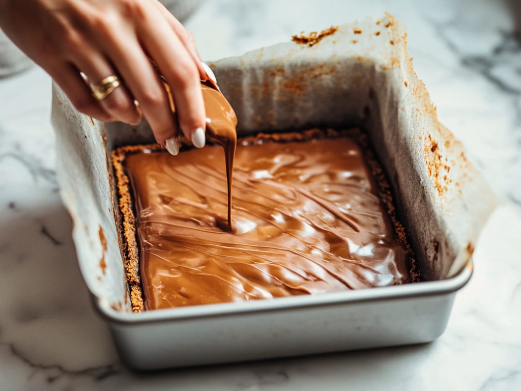 Baker pouring melted Caramilk chocolate over golden baked caramel layer for Caramilk Slice