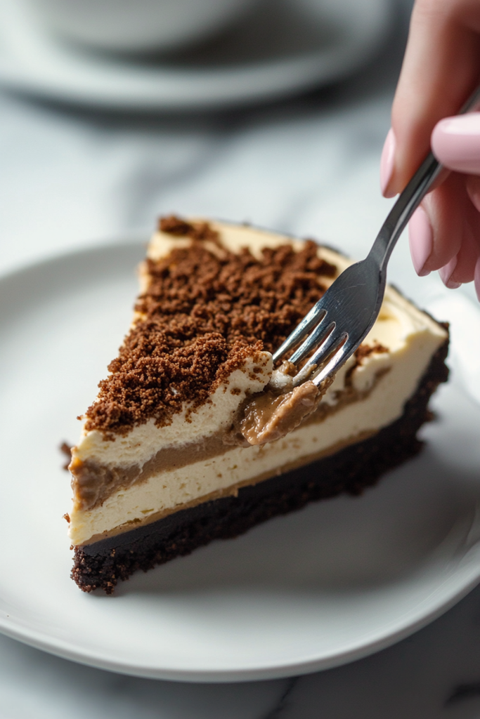 Slice of No-Bake Biscoff Cookie Butter Cheesecake showing spiced biscuit crust and creamy filling